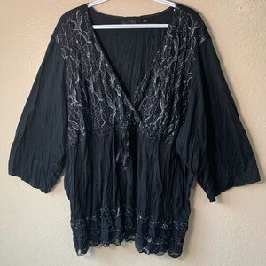 AVENUE Black Metallic Lace Whimsigoth Fairy Babydoll Crinkle Blouse Size 26/28